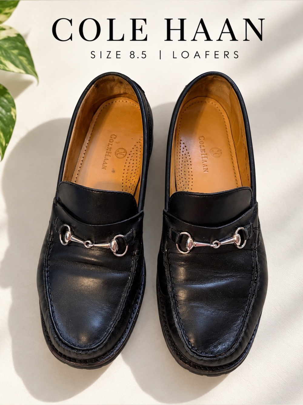 Cole Haan Black Leather Lug Sole Horsebit Loafers